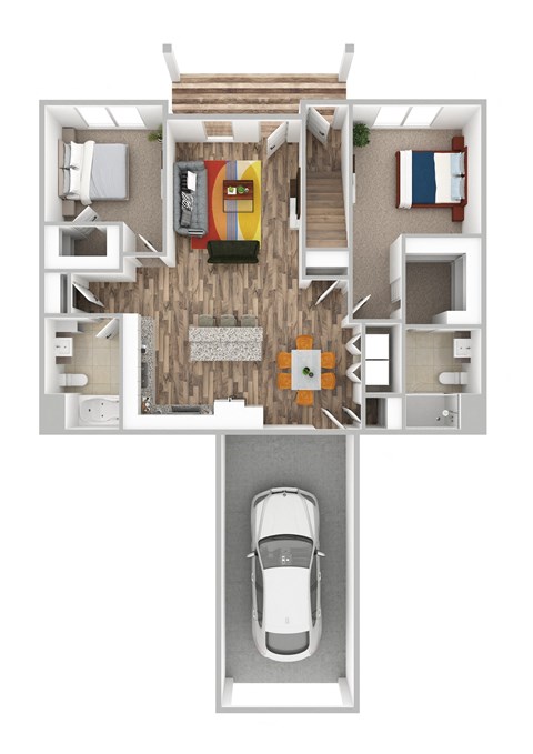 a floor plan of a house with a car in the garage